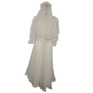 Gunnie Sax Jessica Mcclintock Victorian Wedding Dress Bridal Gown Lace Trim Veil